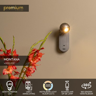 Lucide MONTANA - Wandlamp - LED - CCT - 1x6,3W 2700K/4000K - Met USB oplaadpunt - Grijs ijzer | Premium